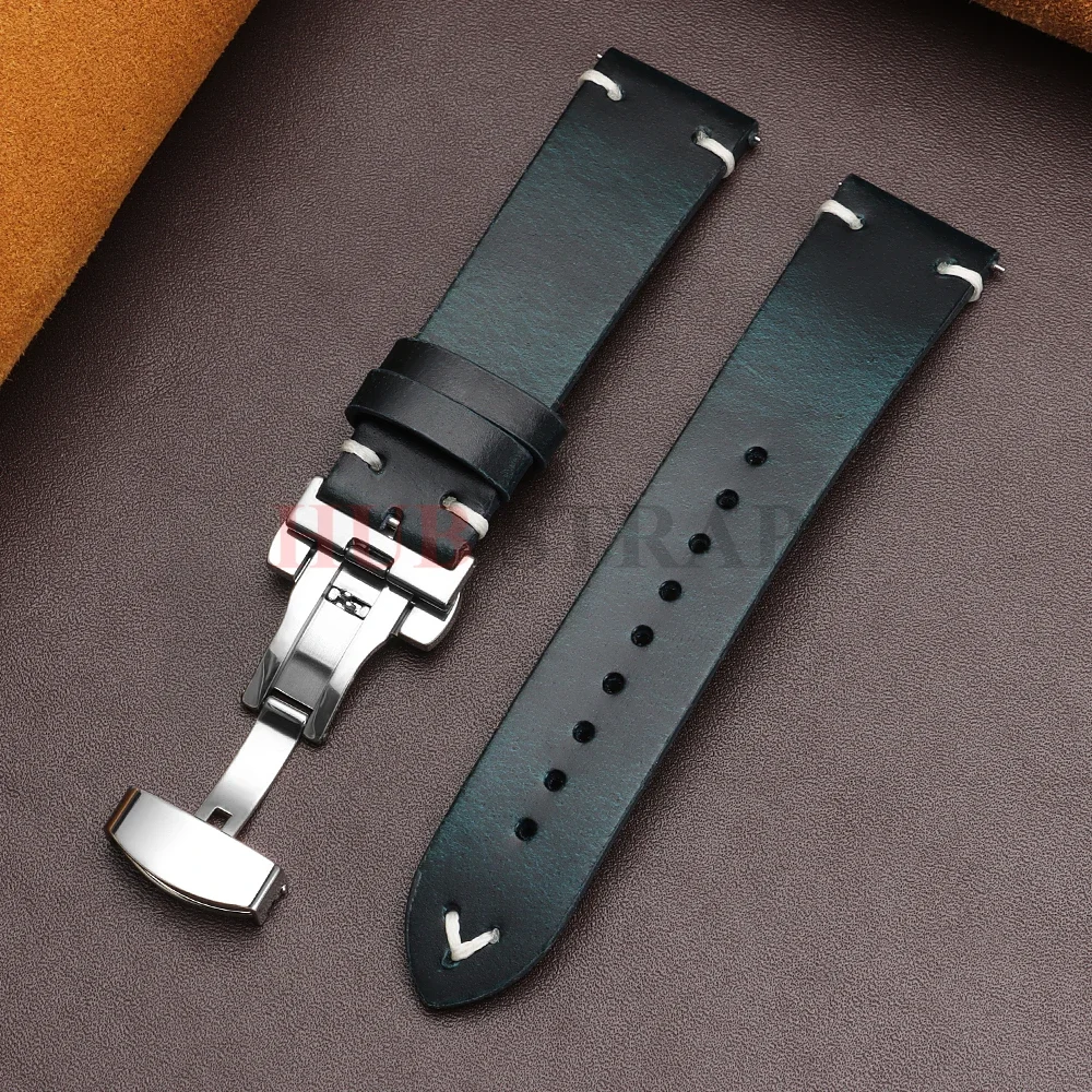 18mm 20mm 22mm Armband für Seiko Vintage Öl-Wachs-Leder Uhrenarmband Herren Damen Schmetterlingsverschluss Genähtes Rindslederband für Omega – Detail 20