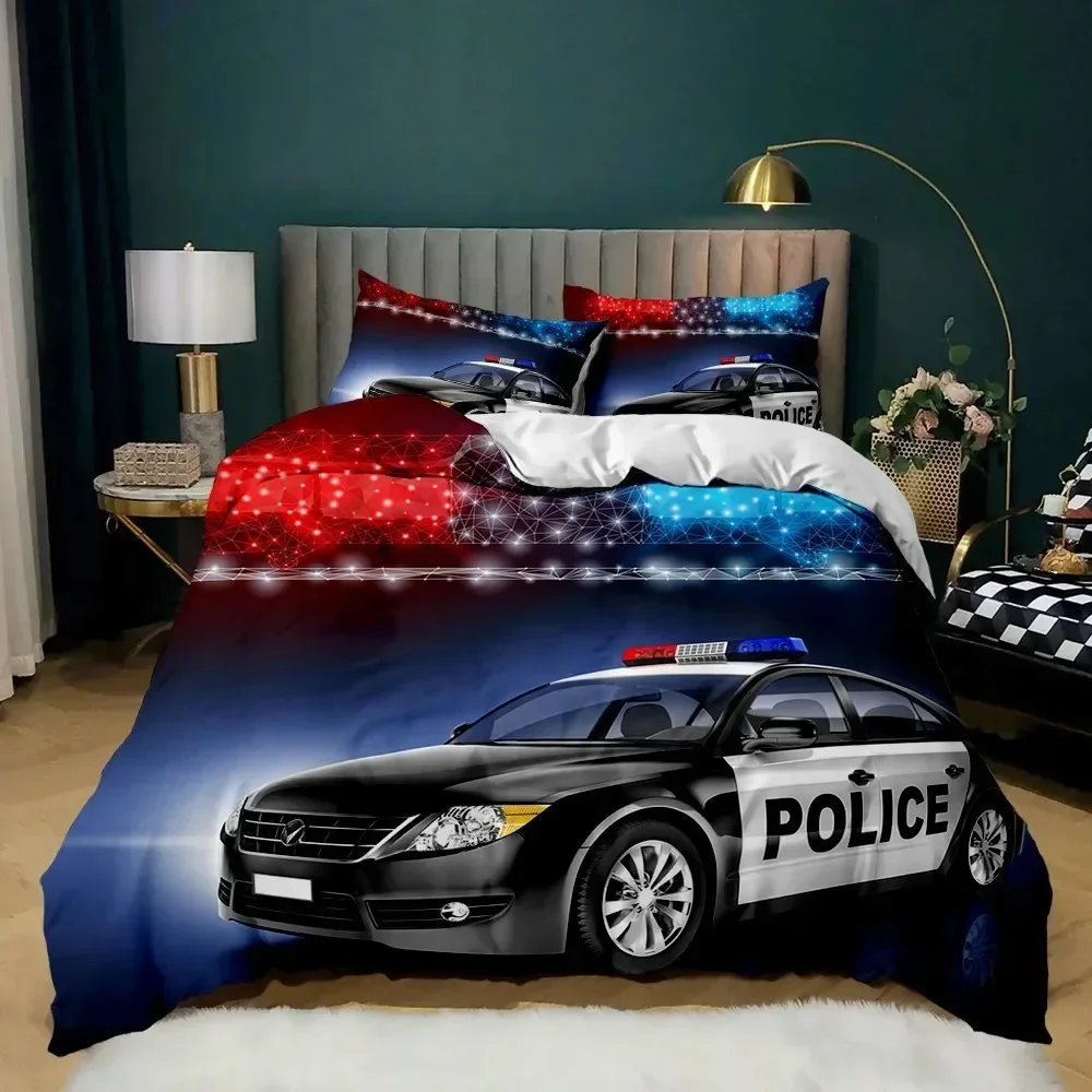 

Police Duvet Cover Car Black Policeman Car Twin Bedding Set Vehicle Comforter Cover Red Cop Lights Polyester For Quilt Cover