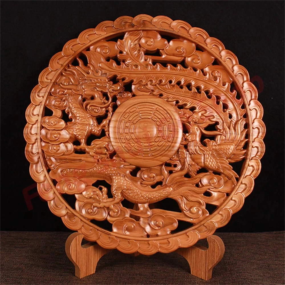 

Peach wood, Dragon Phoenix Eight Trigrams Mirror, Hollow Carved Pendant, Living Room Home Decoration, Indoor and Outdoor Pendant