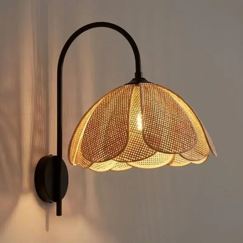 

Japanese Rattan Petal Wall Lamp LED E27 Designer Decorative Wall Light Tea Room Background Wall Bedroom Lighting Fixture
