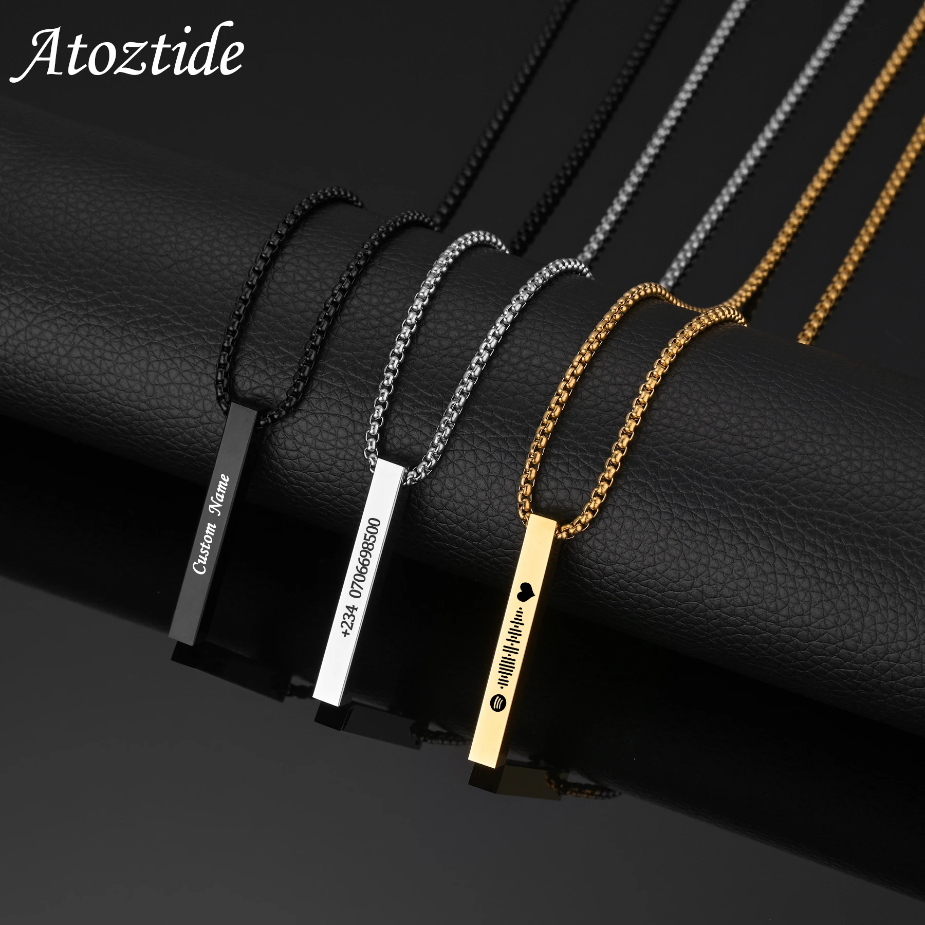 Atoztide New Engraved Date Necklaces Name for Women Stainless Steel Thick Chain Custom Pendant Bar DIY Jewelry Birthday Gifts