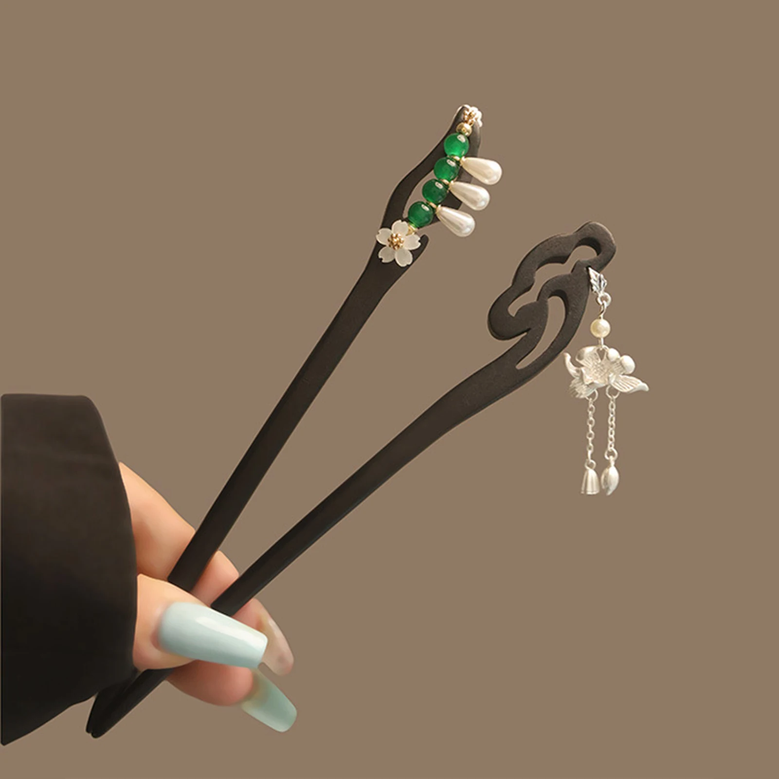 Chinese Floral Hair Stick Chopsticks With Pearls Tassek Classic Wooden Hanfu Cheongsam Hairpin Vintage Prom Fringe Step Headwear