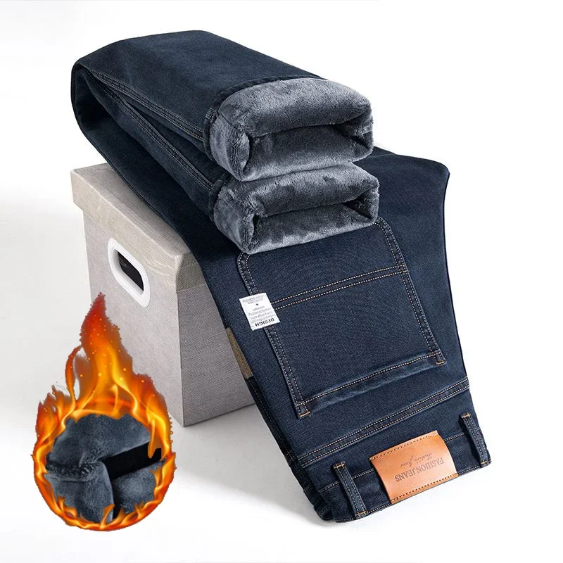 2026 Winter New Men High Quality Business Fleece Jeans Male Fashion Warm Straight Denim Trousers Daily Casual Versatile Pants