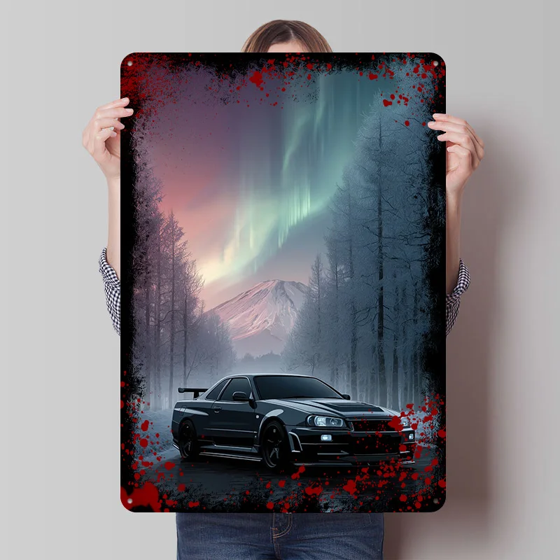 Sport-Skyline R34 in Winterlandschaft Auto-Poster Individualisierte Vintage Metallschilder Wandkunst Retro Blechschild zur Raumdekoration