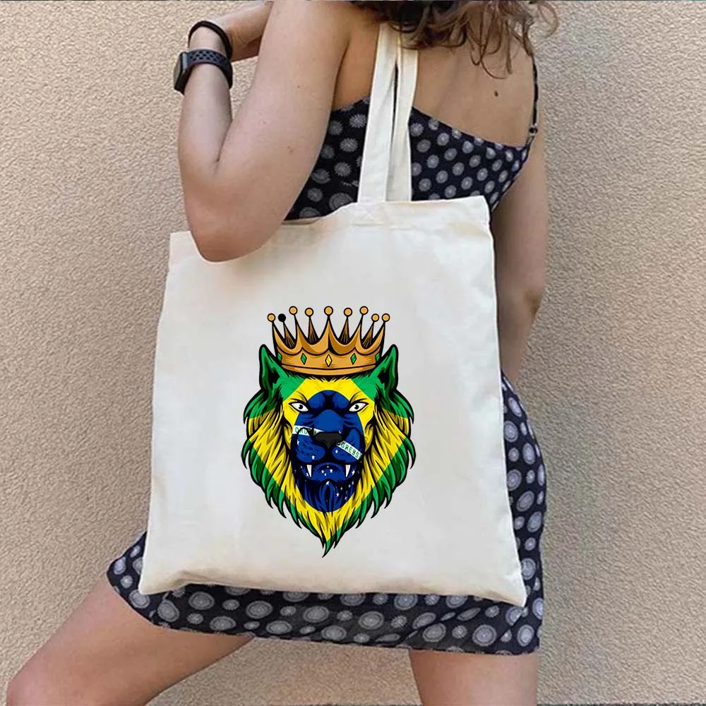 Brazil Map Brazilian Flag Heartbeat Love Heart Country Watercolor Shopper Harajuku Canvas Tote Shoulder Bag Eco Shopping Handbag