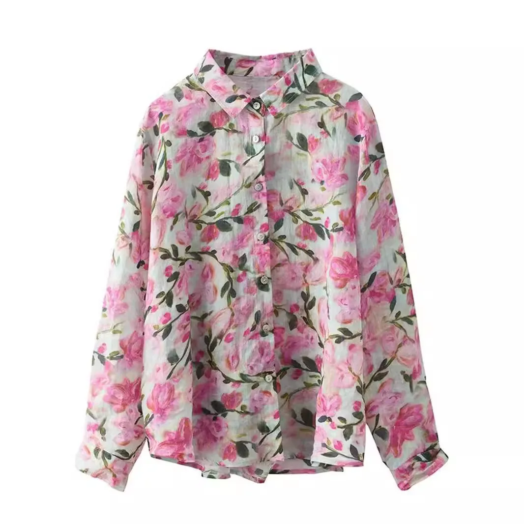 قميص رامي فاخر مطبوع عليه زهور على الموضة الربيعية للنساء بأكمام طويلة وفضفاض غير رسمي ملابس الشارع الشهير بلوزات يومية #5