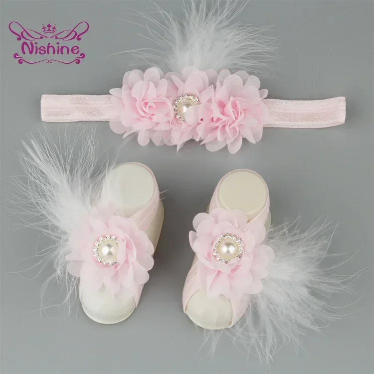 Cute 3pcs/lot Boutique Chiffon Flower Headband with Barefoot Sandals Soft Feather Newborn Kids Shoes Baby Girls Gifts