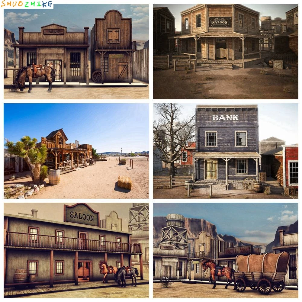 

Cowboy Birthday Decoration Backdrop Photography Custom Boys Town Street Wooden House Zenon Farm Party Photocall Booth Background