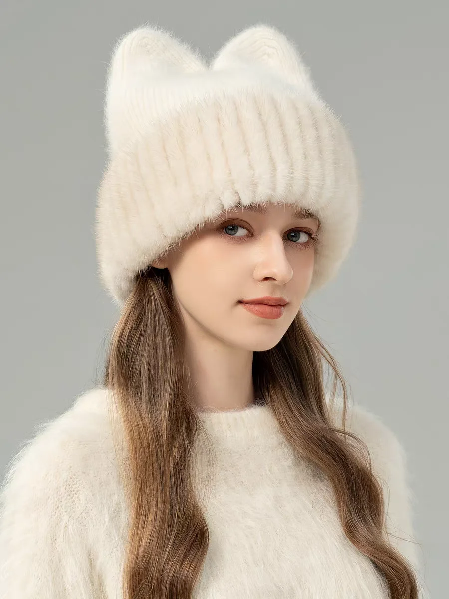 قبعة شتوية فاخرة للنساء من الصوف المحبوك الدافئ مع حواف من فرو المنك الحقيقي، بيع المصنع مباشرة للسفر