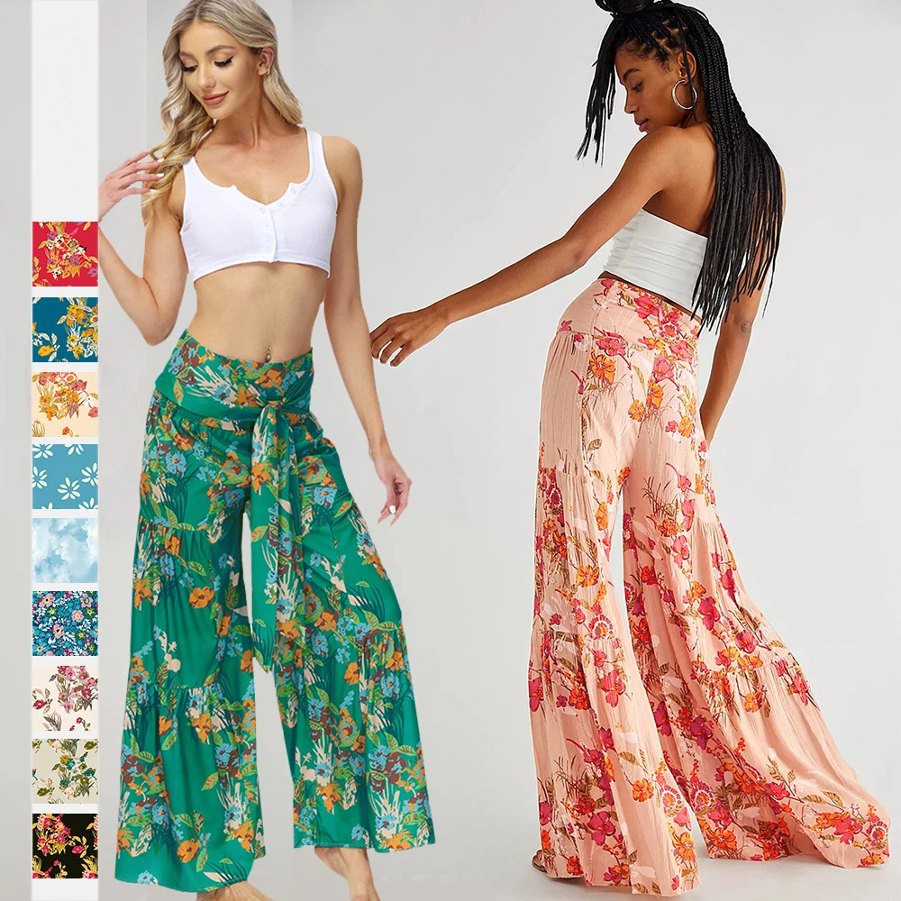 

Custom Printing Sexy Bohemian Long Pants Floral Wide Leg Elastic Loose Beach Pants