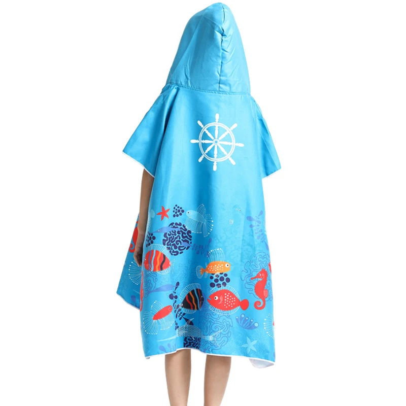 Children Beach Towel Microfiber Bathrobe Poncho Hooded Absorbent Quick Drying Easy For Changing Cloth Underwater World