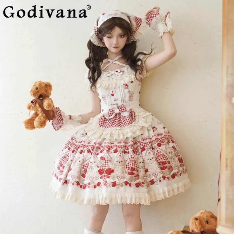 

Mori Girl Cla Lolita Short Sleeve Dress OP Japanese Woman's Cute Bow Bear Print Princess Birthday Dress Y2K Summer Dresses