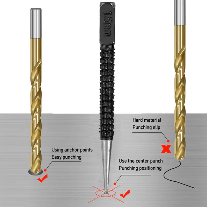 1.5/2/3MM Non-Slip Center Punch Set 1.59/2.38/3.17mm Positioning Punch Drilling Fixer for Metal Wood Marking Drilling Hand Tool