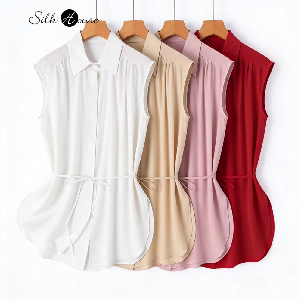 

2026 Simple 100% Natural Mulberry Silk Crepe De Chine Square Neck Sleeveless Single Breasted Women's Fashion Solid Color Shirt