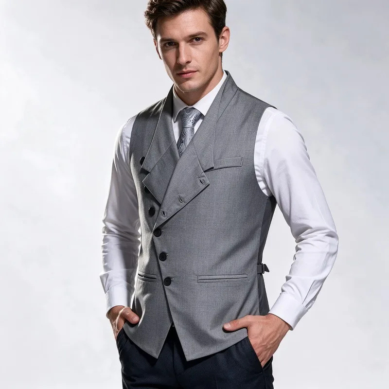 Men Slim Fit Suit Vest Stand Collar Asymmetric Diagonal Button Business Waistcoat Wedding  Groom Formal Dress Sleeveless Jacket