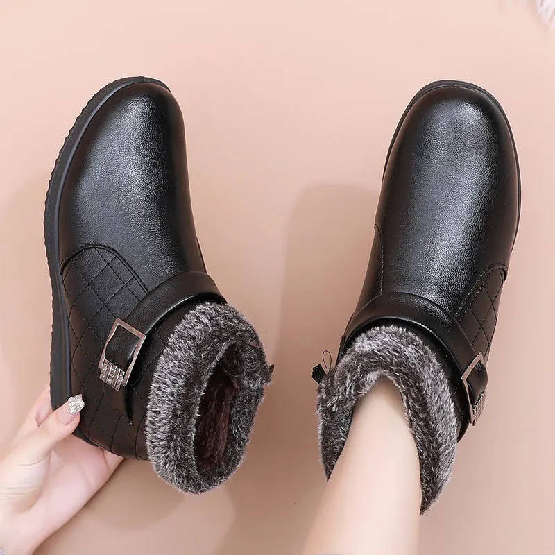 Waterproof PU Leather Rain Boots Warm Fluffy Women\'s Winter Boots Elderly Mom\'s Snow Boots Female Footwear Black High Top Botas