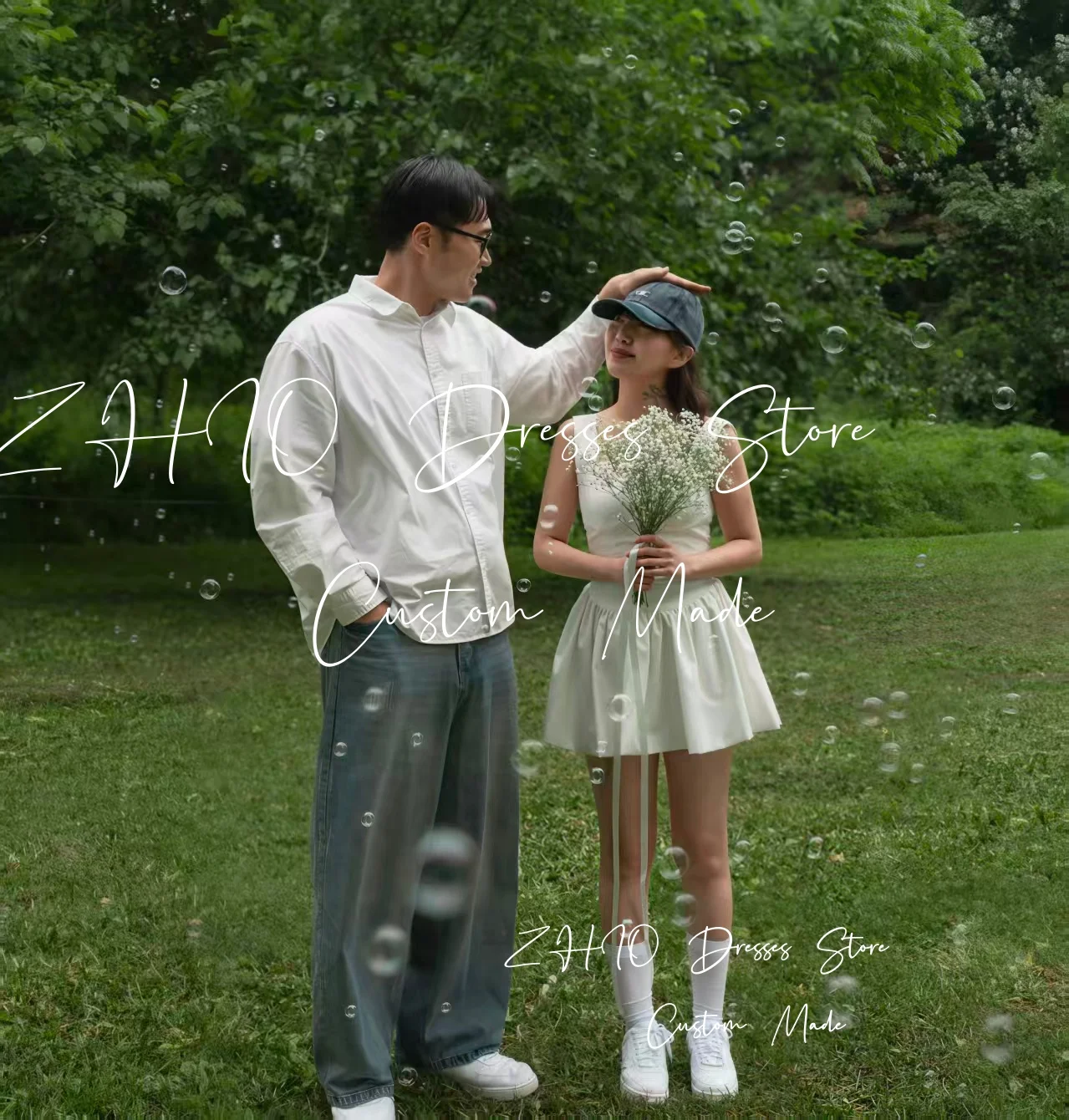 

ZHIO Lovely Wedding Party Short Dress Spaghetti Straps Draped Ivory Satin Korea Photo Shoot Birthday Dresses Custom 웨딩드레스