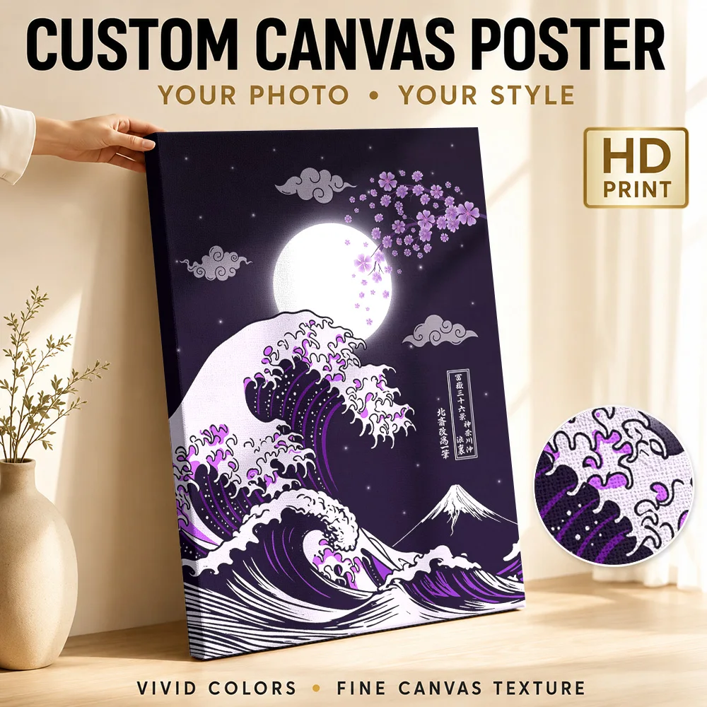 Great wave Cherry blossom Framed Canvas Print Poster Personalized Photo Japanese Inspired Wall Paintings Decoration for Office