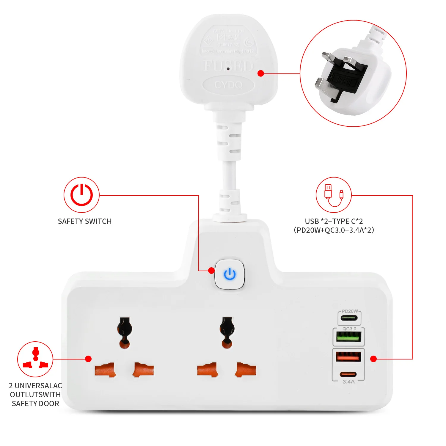 EU UK US AU Plug Power Strip 2 Type-C USB Ports 2 Universal Outlets QC3.0 PD20W Expand  Network Filter with Night Light Sockets