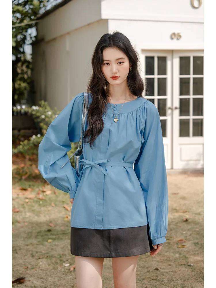 

Blue round Ne irt Women's Waist-Cinching Top White Cotton French Sle Loose Fit Long Sve Spring Faion by Zhiranjuan