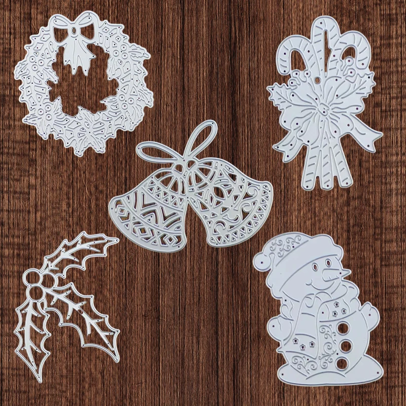 

5 in 1 2PCS Christmas Wreath Holly Leaf Bell Snowman Candy Stick Metal Cutting Die DIY Cutting Die Craft Template Decoration