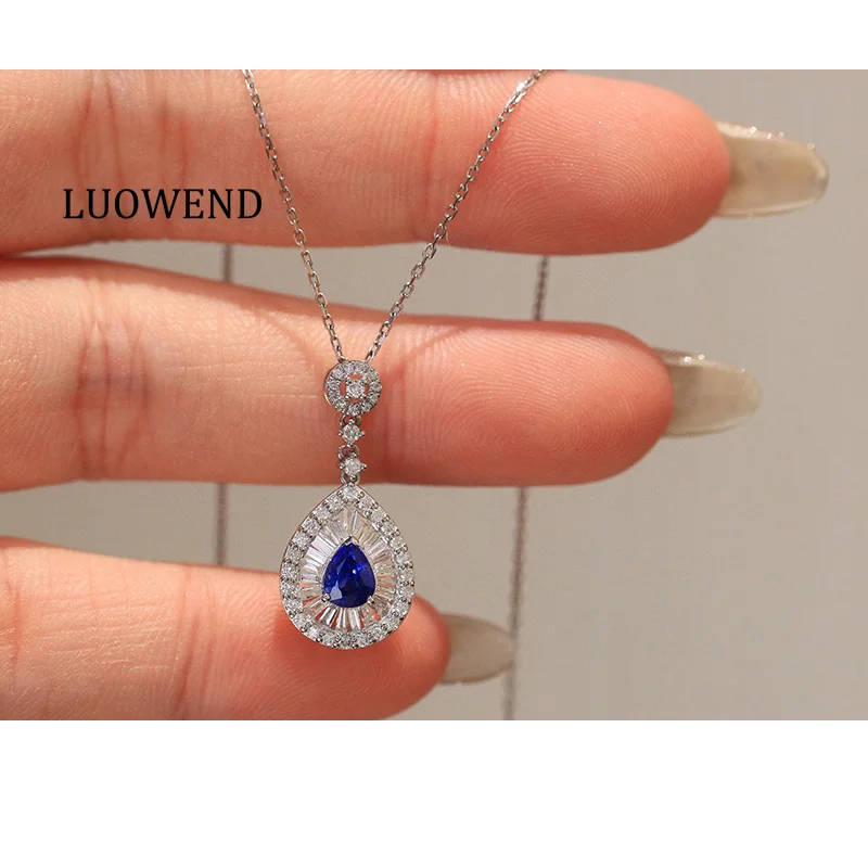 

LUOWEND 100% ожерелье из белого золота 18 карат, элегантное ожерелье в форме капли воды с блестящими бриллиантами и натуральным сапфиром для женщин, подарок на день рождения
