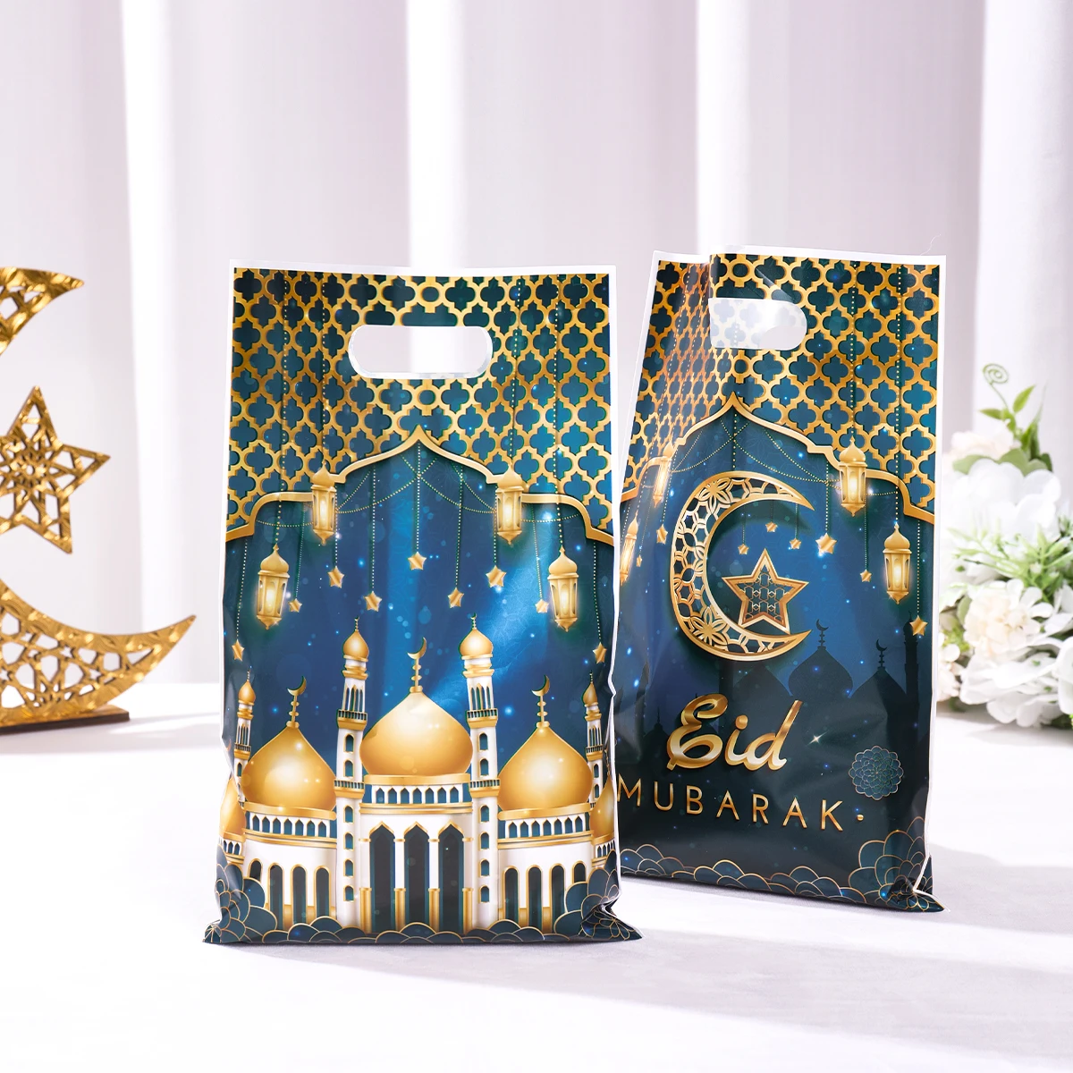 10pcs Eid Mubarak Gift Bags Plastic Candy Cookie Bag Ramadan Kareem Decoration 2024 Islamic Muslim Party Supplies Eid Gift Bags