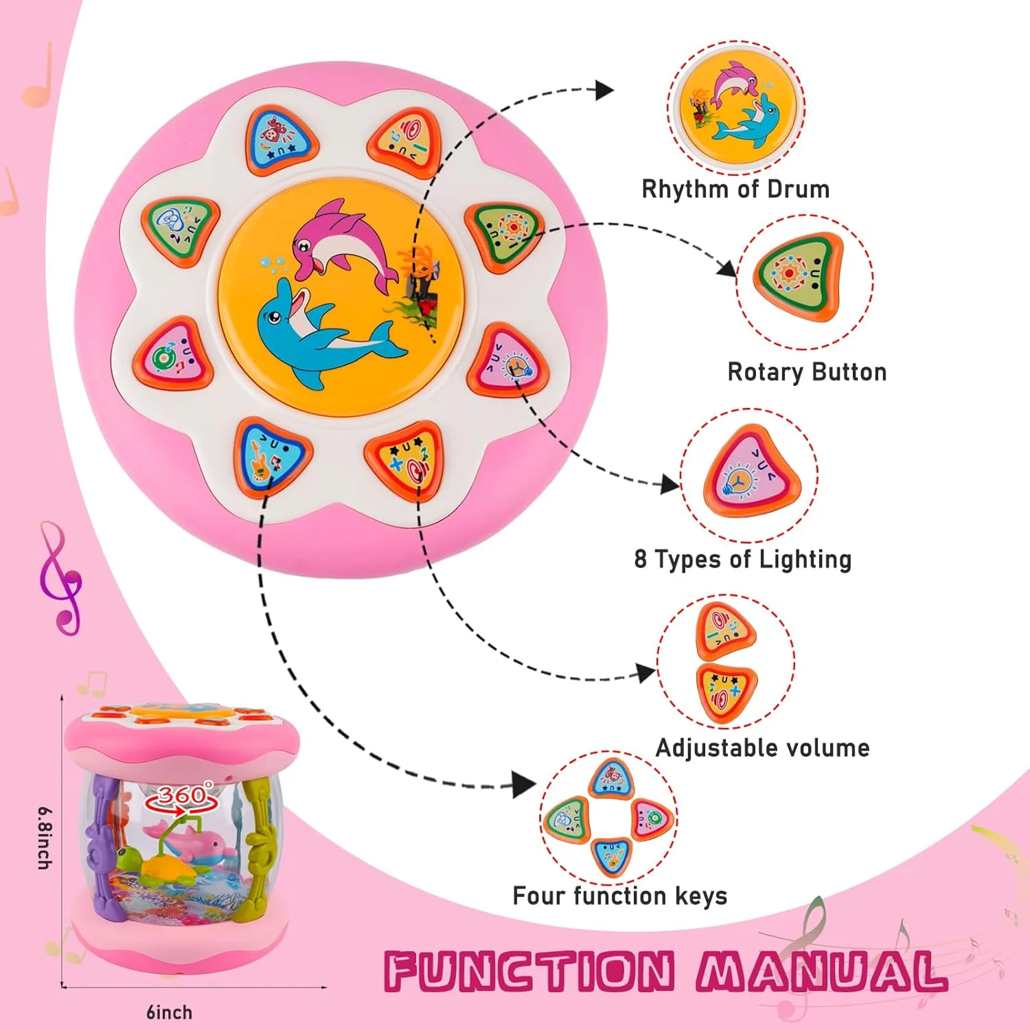 インタラクティブミュージックライトローラー360 °   回転するライトが赤ちゃんの歩行学習を促進するおもちゃ、つかむことと這うことを学ぶおもちゃ