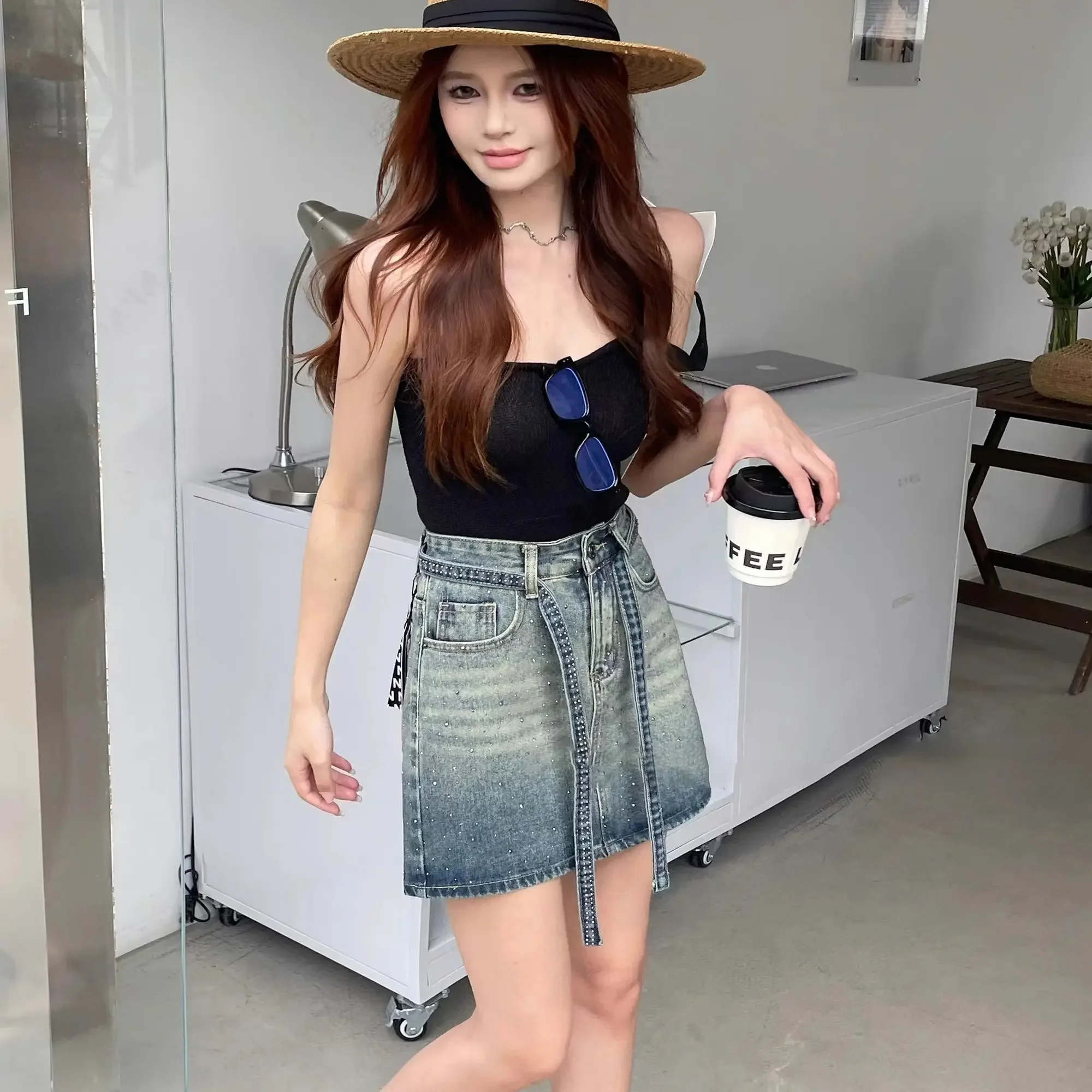 

Woman Denim Skirt Sequin Tight Wrap Mini New in Streetwear Vintage Korean Fashion Luxury Elegant Short Jeans Skirts for Women