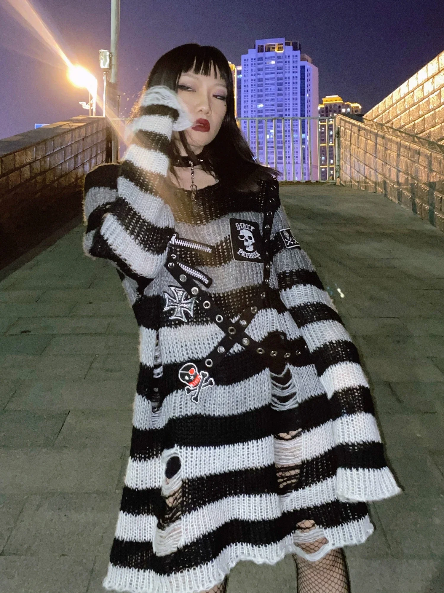 Ruibbit Harajuku Y2K Japanese Punk Women Rock Hole Striped Loose Befree Black Grey Sweaters Knitted Jumpers Sweater Hot Girl