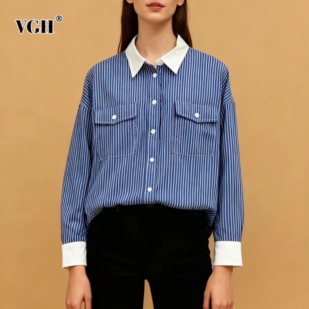 

VGH Hit Color Casual Basics Loose Shirt for Women Lapel Long Sleeve Striped Printing Style Blouses Female Fashion 2026 Spring