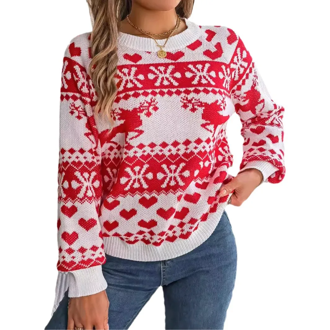 Autumn/Winter Christmas Deer Pattern Long Sleeve Hoodie Sweater 2025 New Year Knitted Red Green Round Neck Pullover Jumpers Tops