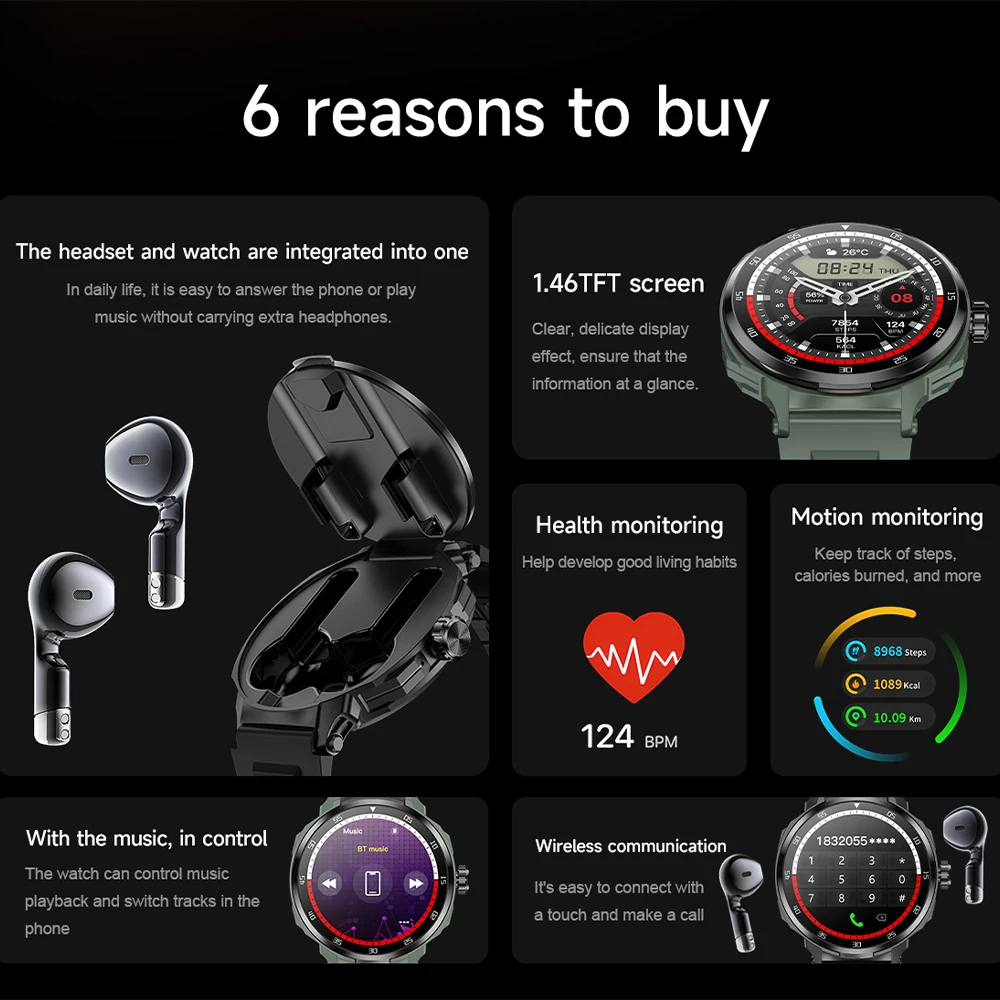 GEJIAN 2025 ساعة ذكية TWS 2 في 1 جديدة تأتي مع سماعات بلوتوث مراقبة معدل ضربات القلب BT Call Sports Trajectory Smartwatch