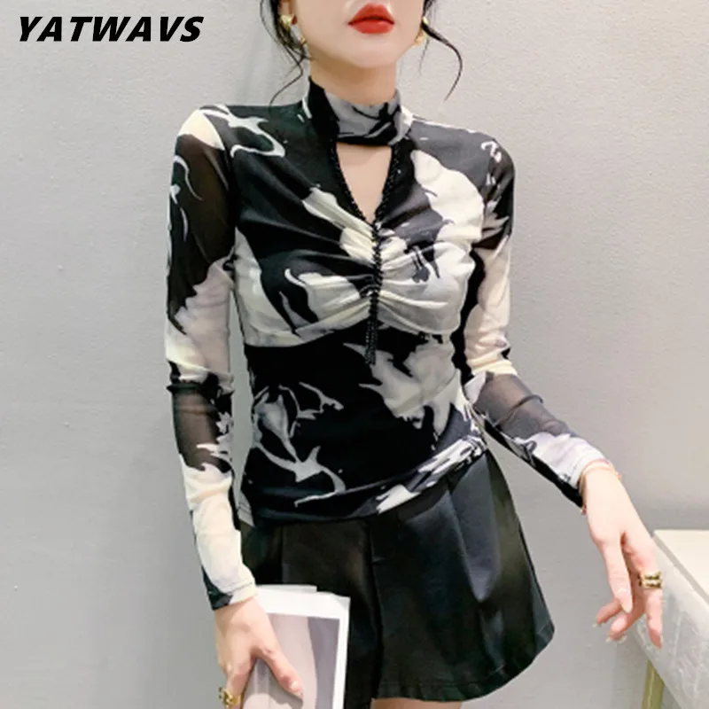 

New Spring Design Fashion Hollow Out Beaded Mesh T-shirt Women Elegant High Neck Long Sleeve Vintage Printing Ladies Fold Shirt