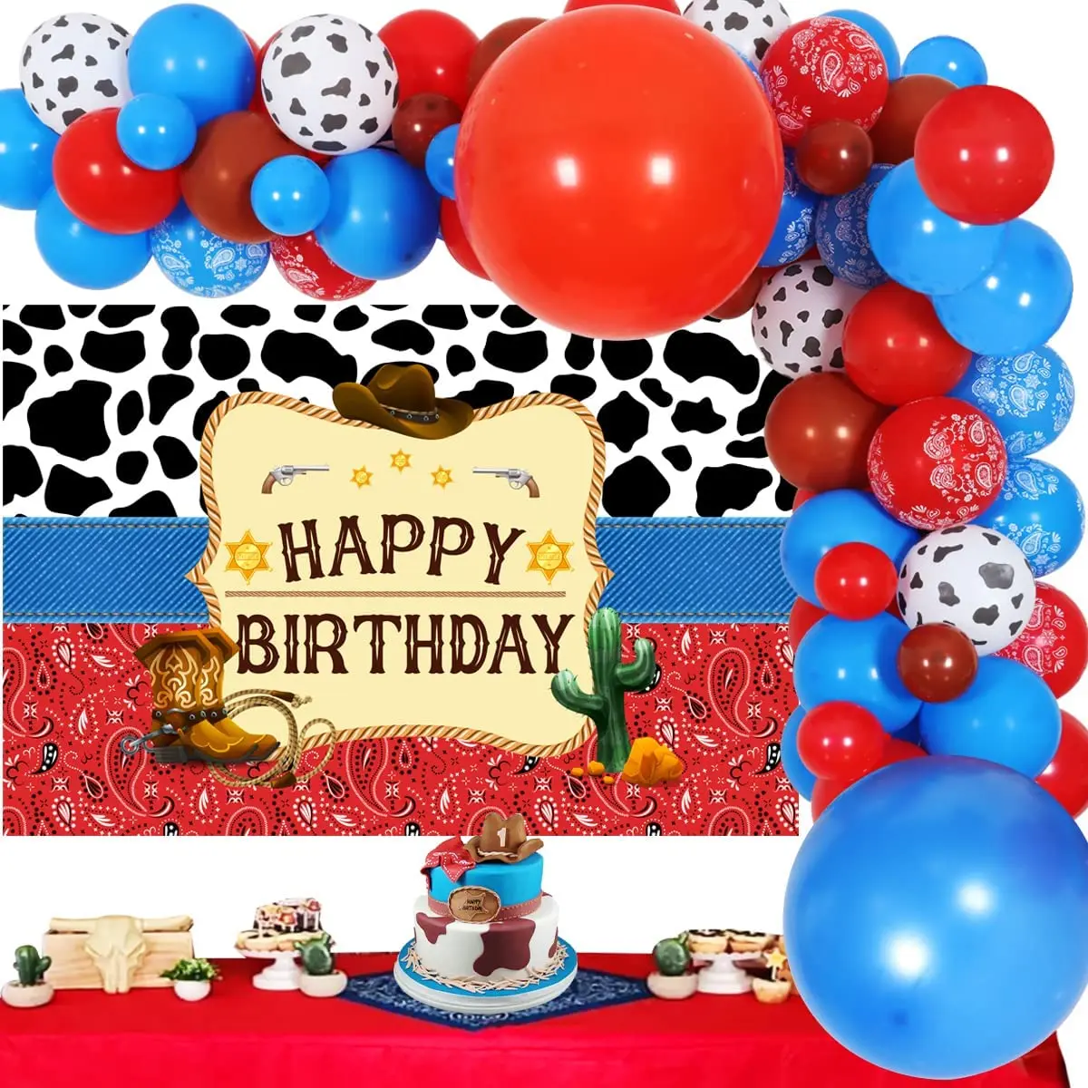 

Sursurprise-Cowboy Birthday Party Decorations, Red and Blue Balloon, Garland Kit, Western Cowboy Backdrop, Birthday Supplies for