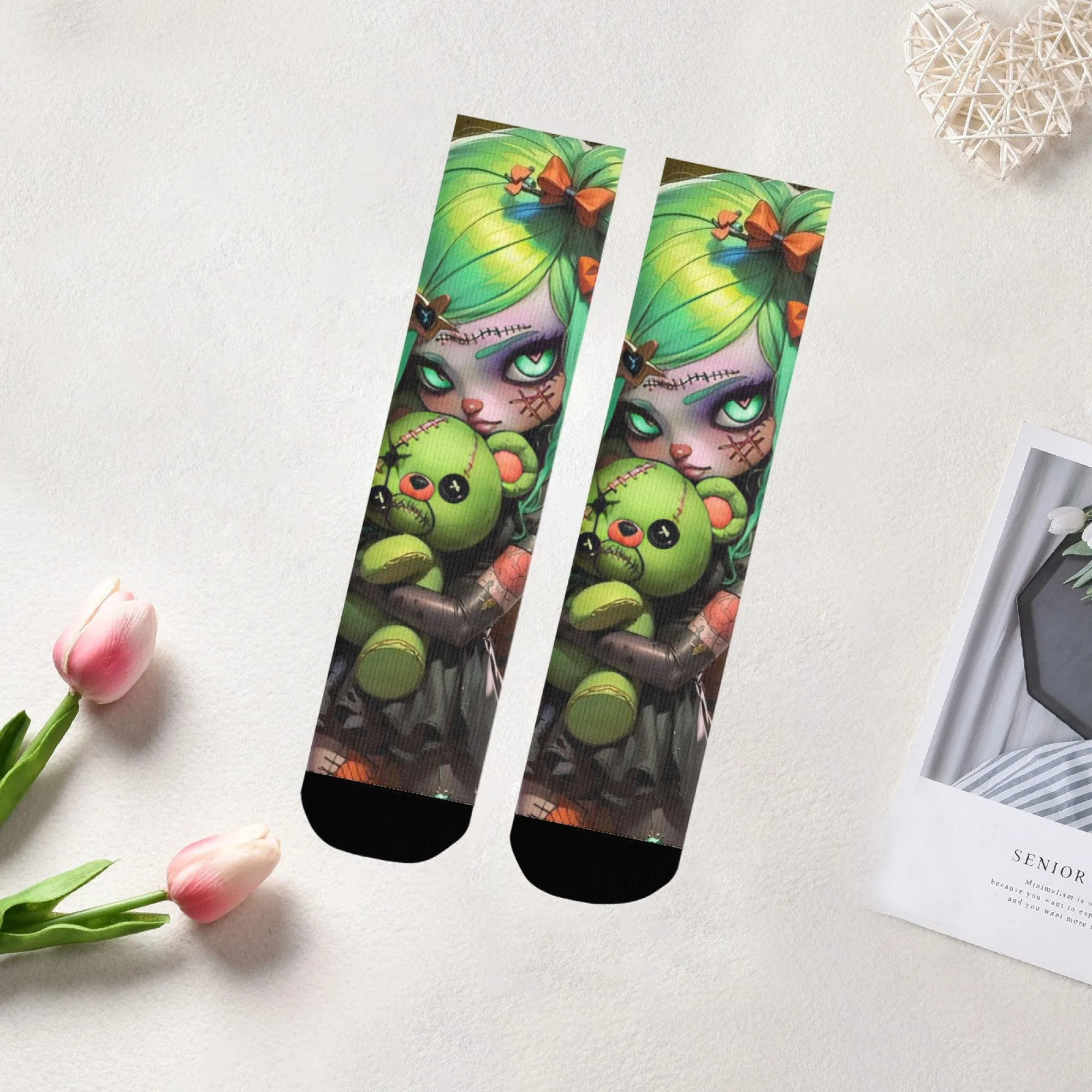 

Dark Gothic Bear Doll Girl Art Crew Socks Green Doll & Bear Print Premium Socks for Dark Themed Gifts & Fashion Statements