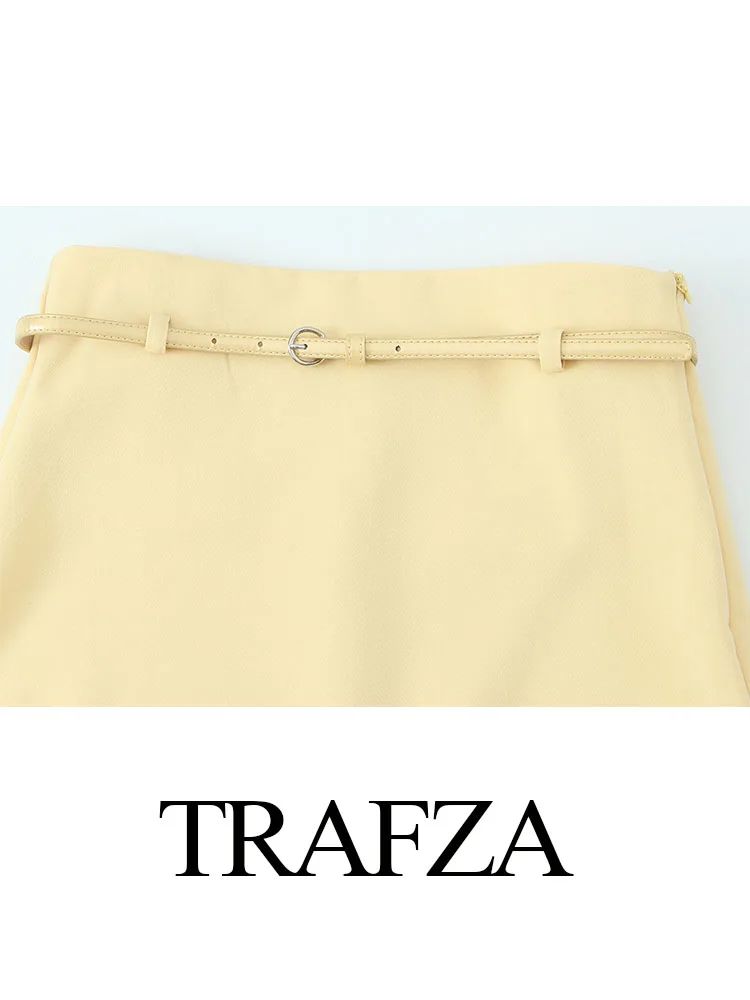 TRAFZA Summer Suit Woman Trendy Yellow V-Neck Sleeveless Belt Sngle Breasted Top+High Waist Pocket Belt Long Skirts Female Set