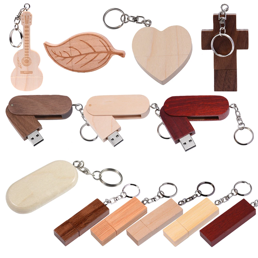 Holz-USB-Stick 128GB mit Gratis Schlüsselanhänger, Holz-USB-Stick 64GB Echte Kapazität, Speicherstick 32GB Herz-Gitarren-Kreuz-Design, 16GB Pendrive