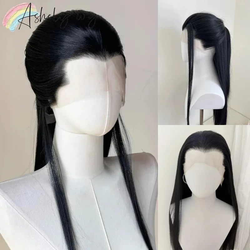 

Черный парик фронта шнурка 26-дюймовые синтетические парики шнурка Длинные прямые волосы Термостойкие волокна для косплея Высококачественный синтетический парик