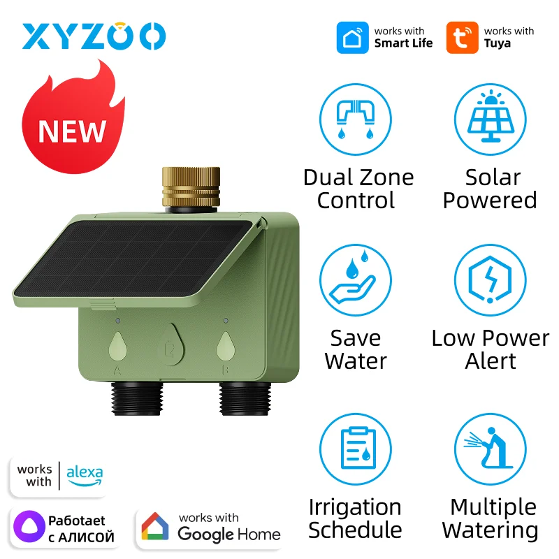 

Умный Wi-Fi таймер полива на солнечной энергии с двумя выходами, расходомером, зарядкой USB-C, управлением через приложение и голосом, независимое управление зонами A/B для ирригации