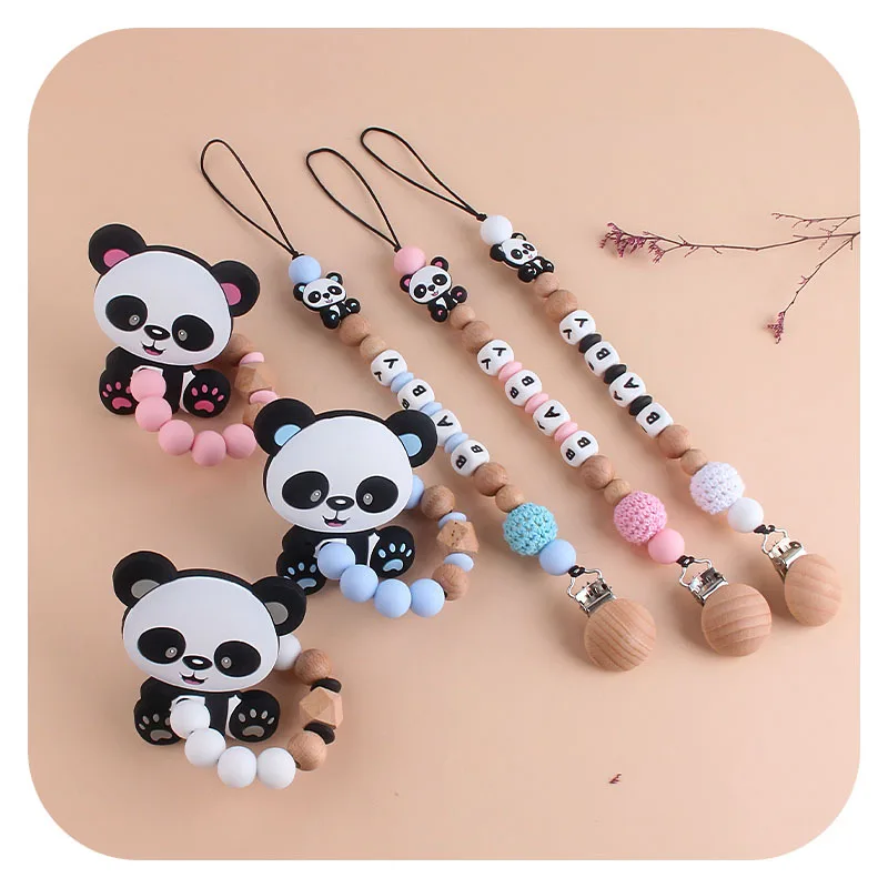 Customized English Silicone Letter Name Baby Pacifier Clip Panda Dummy Chains Newborn Baby Shower Gift