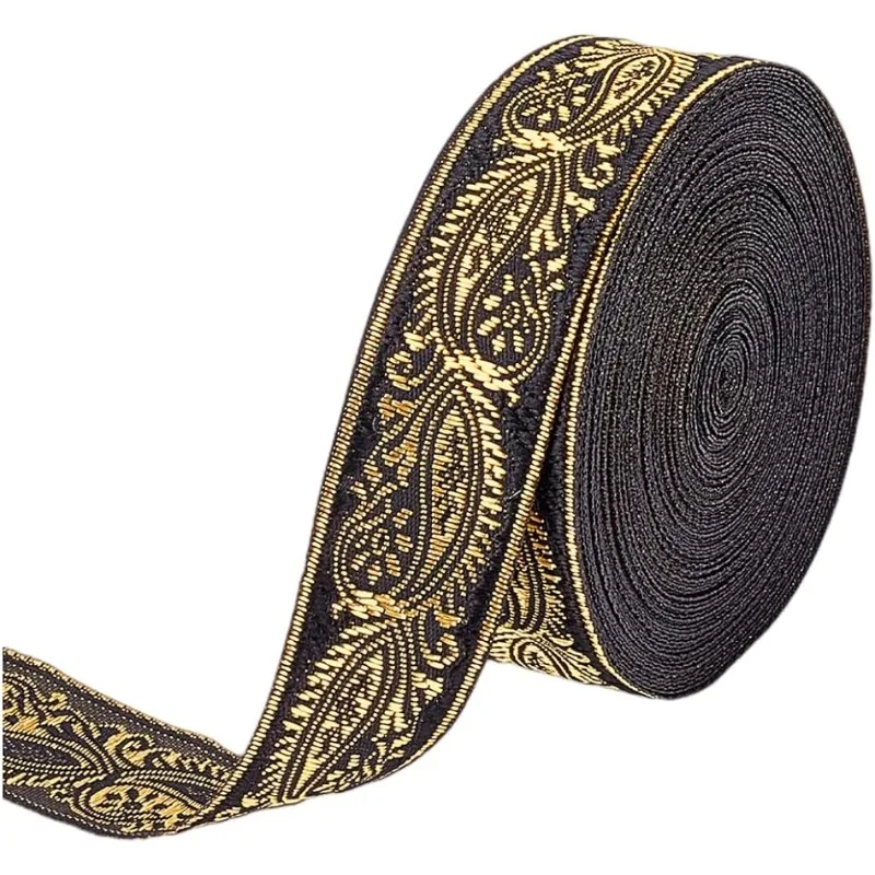 11 Yard Black Vintage Jacquard Ribbon Ethnic Style Floral Woven Trim 1 inch Jacquard Gold Vine on Ribbon Trim