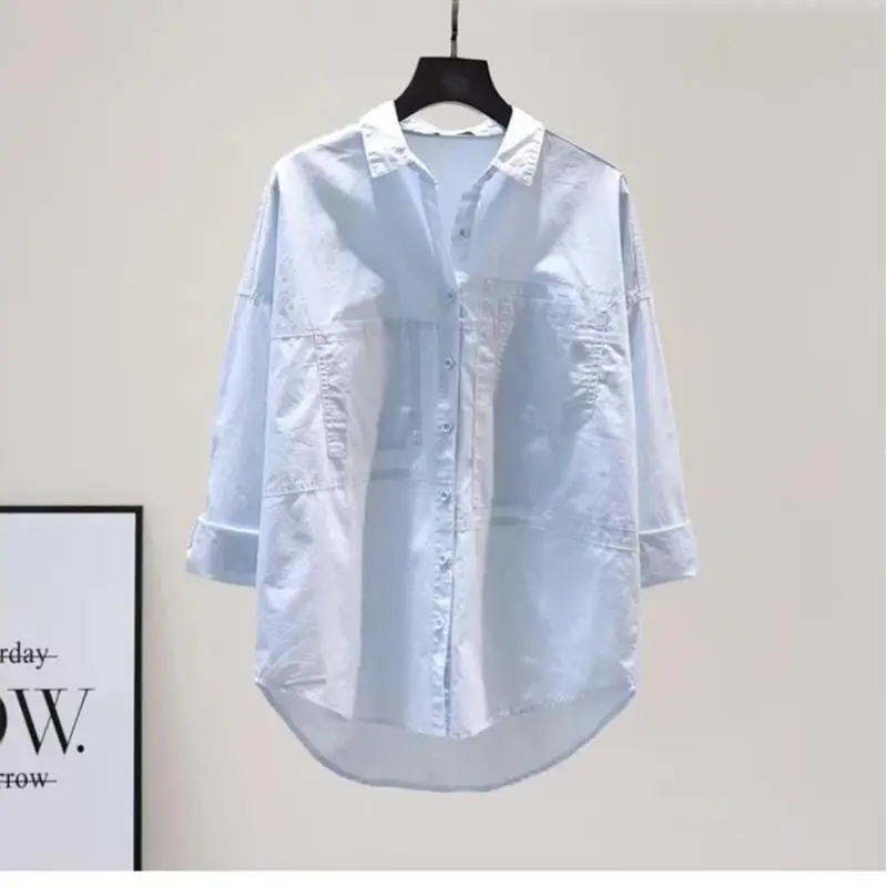 Korean Version Light Blue Double Pocket Cotton Shirt for Women\'s Spring Autumn Artistic Loose Slimming Versatile casual Top