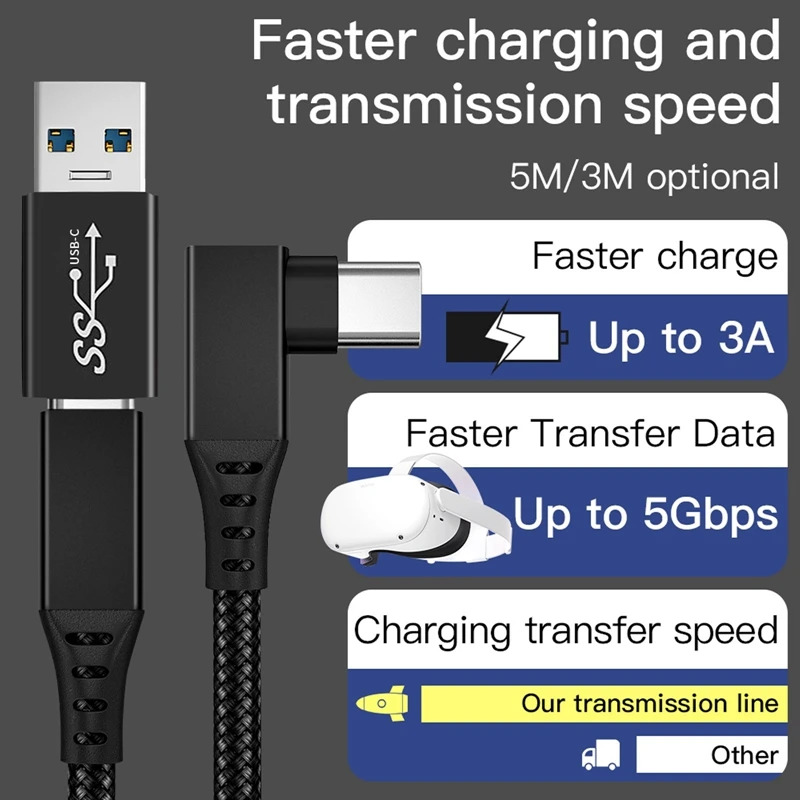 สายชาร์จสำหรับ Oculus Quest 2 Link USB 3.1 Type C USB-A ถ่ายโอนข้อมูลไปยัง Type C สายชาร์จ3A 20V, B