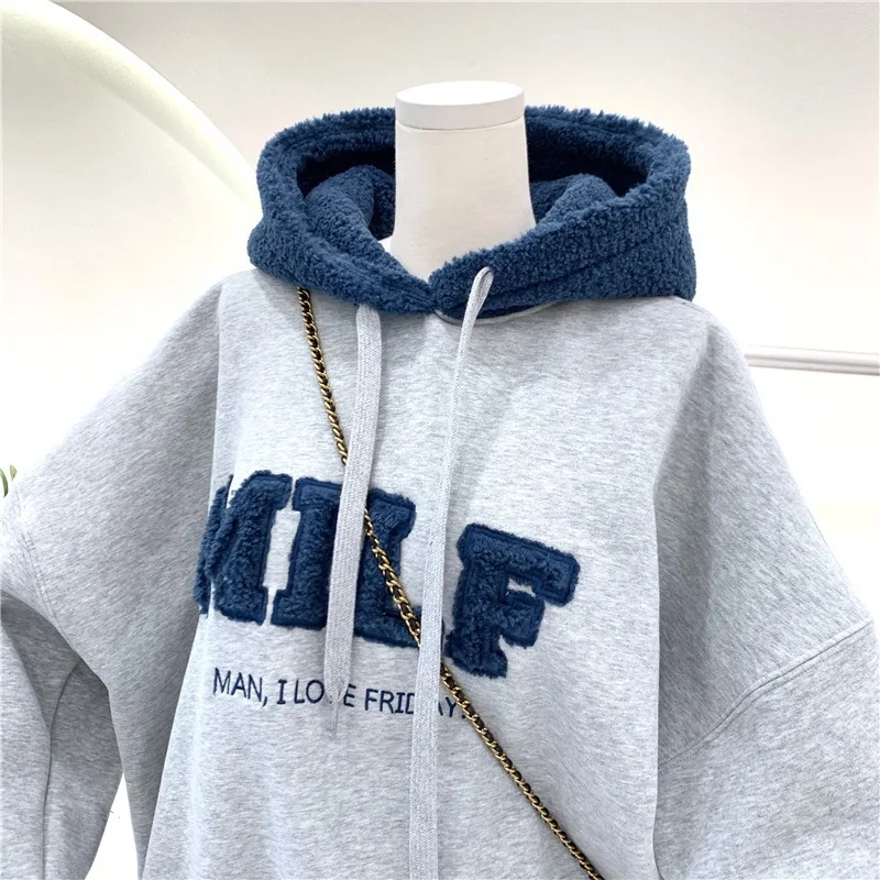 Women Loose Fashion Autumn Letter Splicing Lamb Hoodies Sweatshirt Casual Cotton Thick Long Sleeve Female Pullover Streetwear