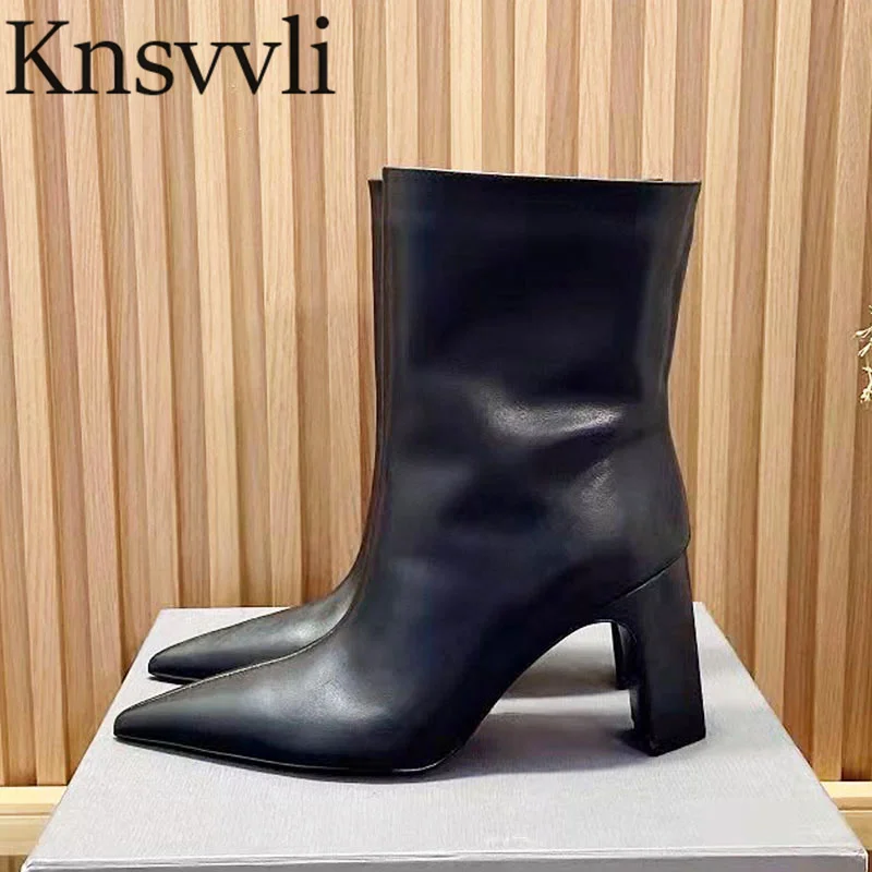 

New High Heels Short Boots Woman Black Pointed Toe Ankle Boots Lady High Quality Genuine Leather Chunky Heels Modern Boots Woman