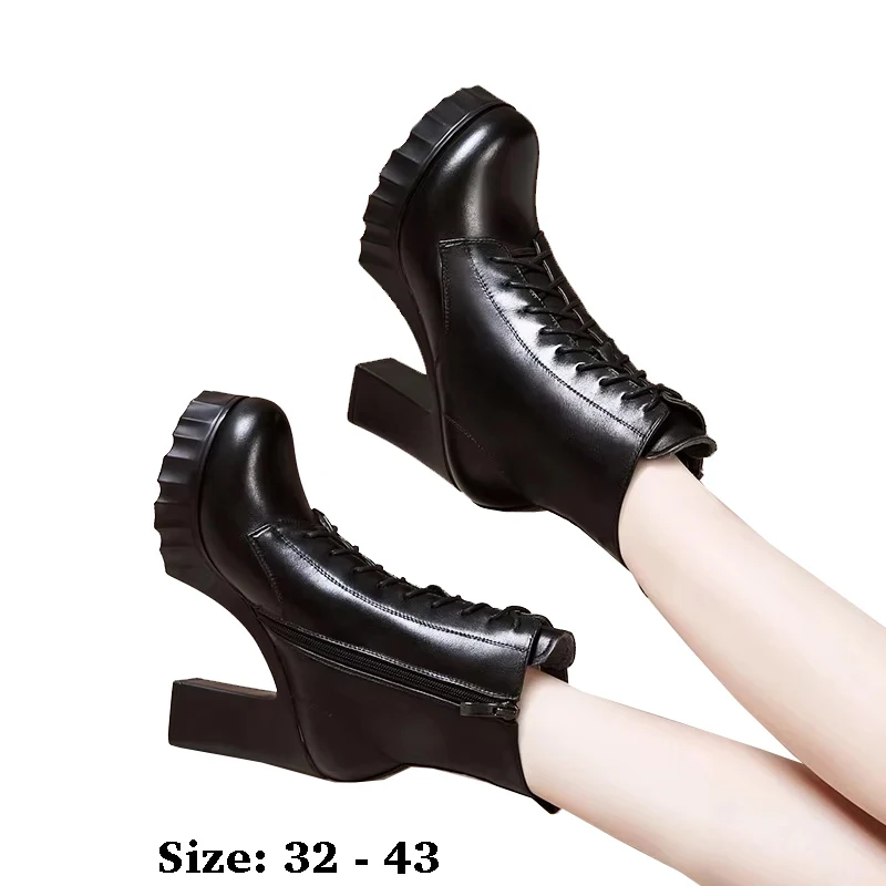 

high quality short ankle leather boots for women 10cm high heel round toe new 2025 autumn winter 32 33 34 fashion shoe black