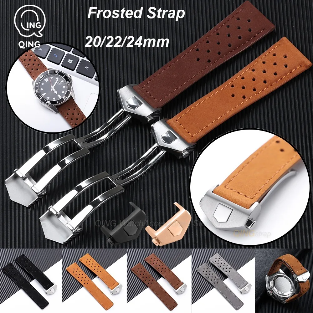 20mm 22mm 24mm Fold Buckle Strap for Tag Heuer for Carrera Series  Cow Leather Watchband Frosted Soft Cowhide Bracelet Wristbelt