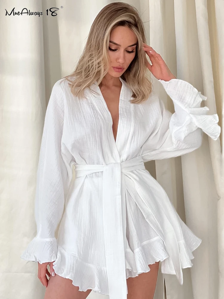 Mnealways18 White Cotton Elegant Shorts Sets Women 2 Pieces Homewear Crape Outfits Summer Autumn 2024 Lace-Up Casual Suits Lady