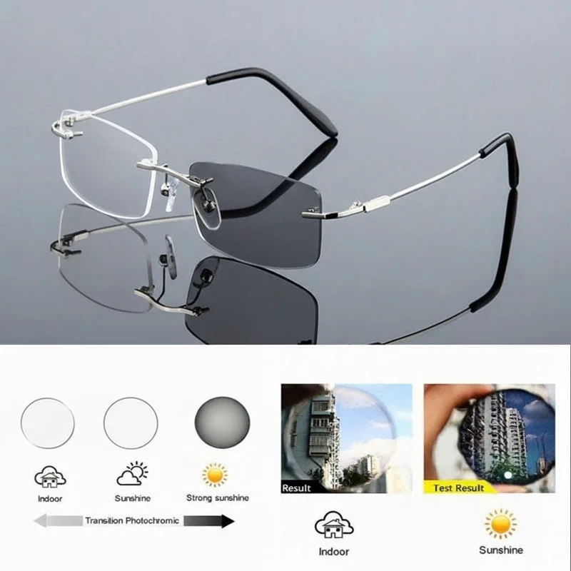 Grenzenlose photochrome Lesebrille für Männer und Frauen, Memory-Titanlegierung, Presbyopie-Brille, Outdoor, drehen Sie grau unter Sonnenlicht – Detail 8